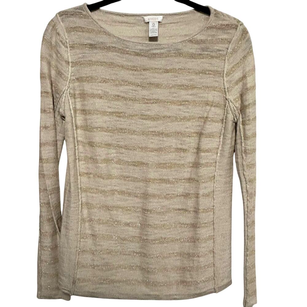 Chico's Shimmer Stripe Metallic Sweater 0/S Coastal Neutral Quiet Luxury Knit